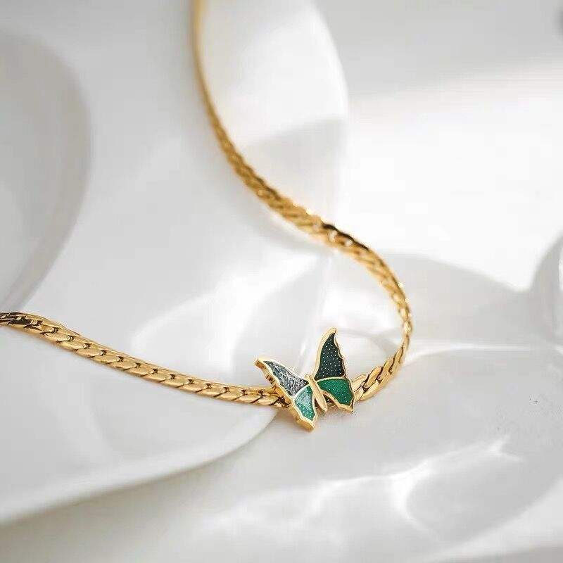 Aleasha Green Butterfly Gold Choker Necklace for Women Girls 14" Dainty Necklace Stainless Steel Jewelry