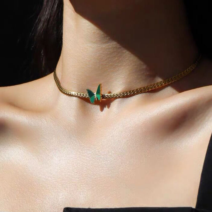 Aleasha Green Butterfly Gold Choker Necklace for Women Girls 14" Dainty Necklace Stainless Steel Jewelry