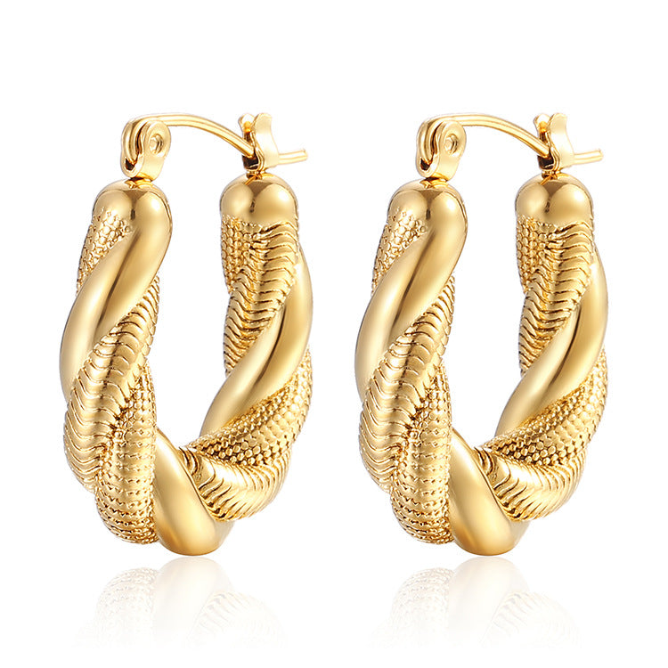 18K Gold Plated Twisted Wire Hoop U Shaped Huggies Chain Earrings