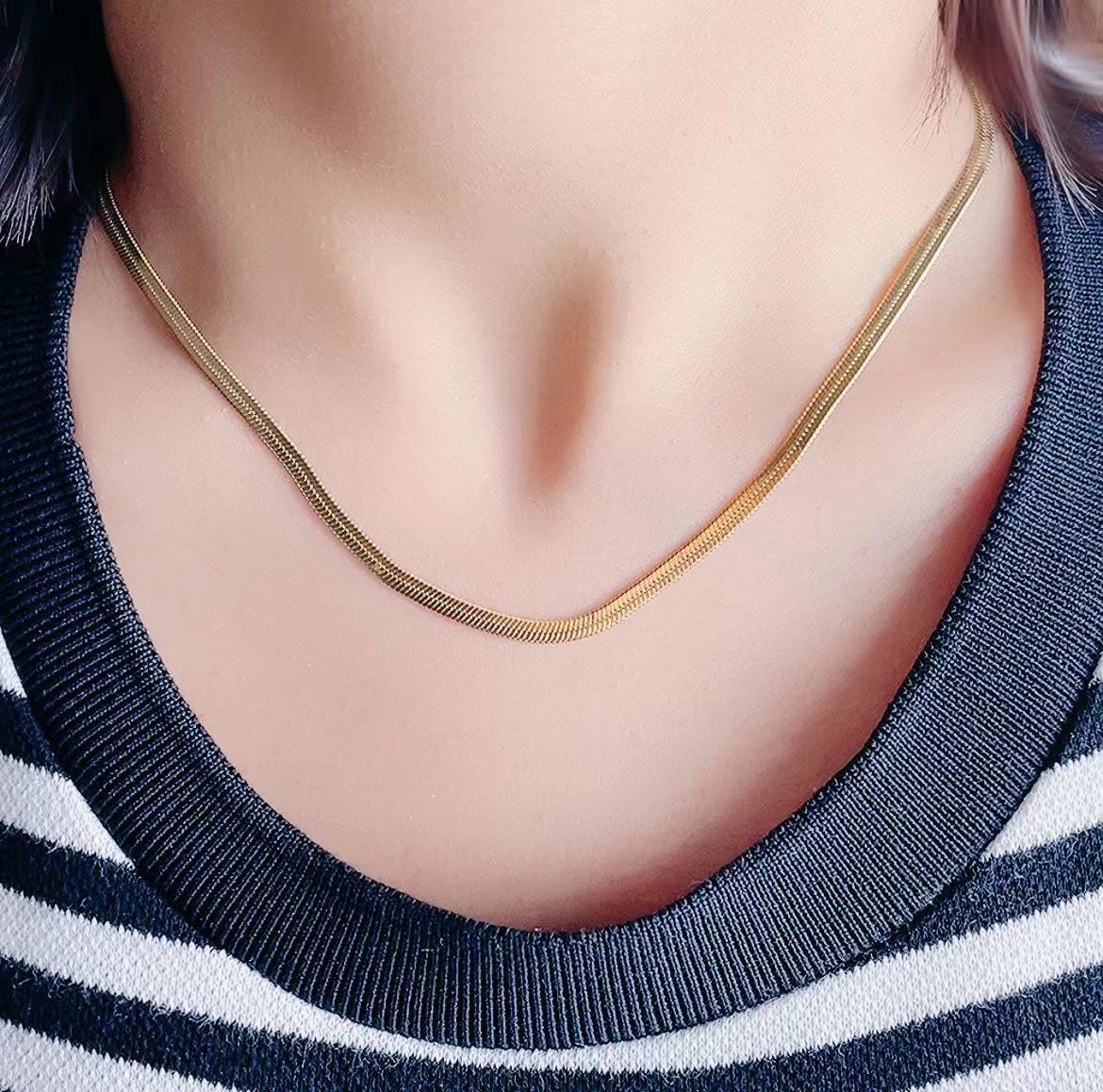 Herringbone Necklace for Women Dainty 18k Gold Plated stainless steel Snake Chain, Necklace Layered Gold Herringbone Double Flat Snake, Waterproof Stainless Steel Snake Chain Necklace