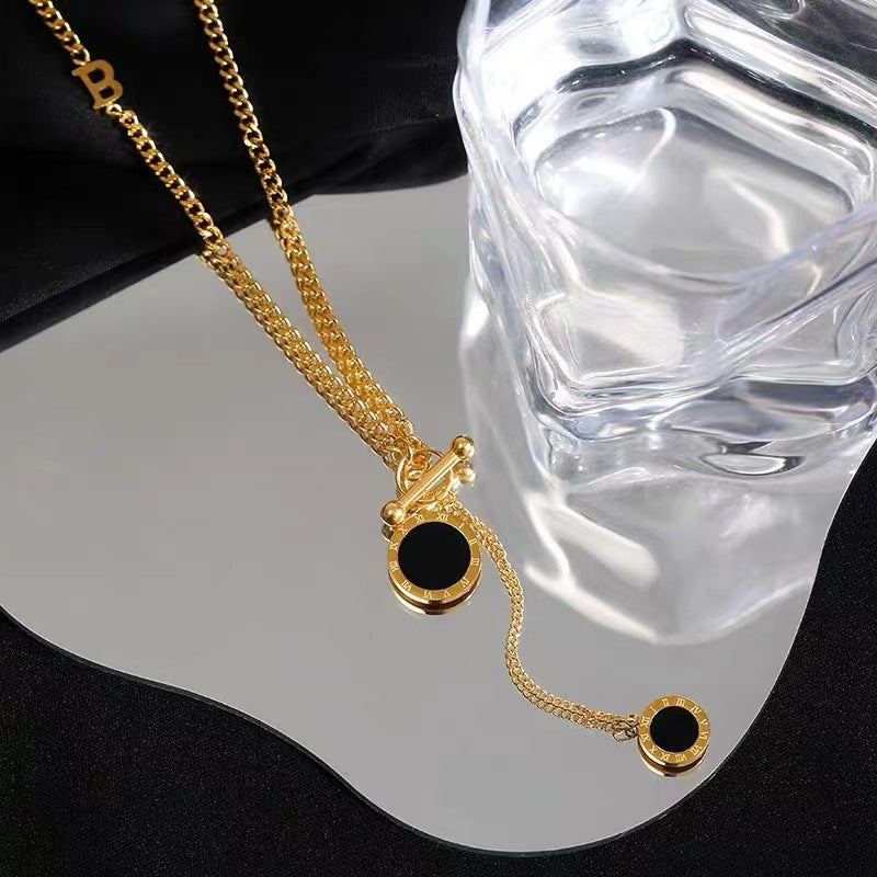 Gold Plated Black Roman Letter Pendant Stainless Steel Necklace For Women, Woman‘s Long Necklace Jewelry