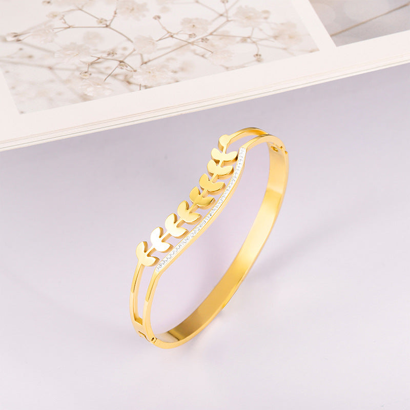 Gold Plated Wheat Ear Bracelet High Quality Stainless Steel Cubic Zirconia Women Fashion Jewelry Bangles