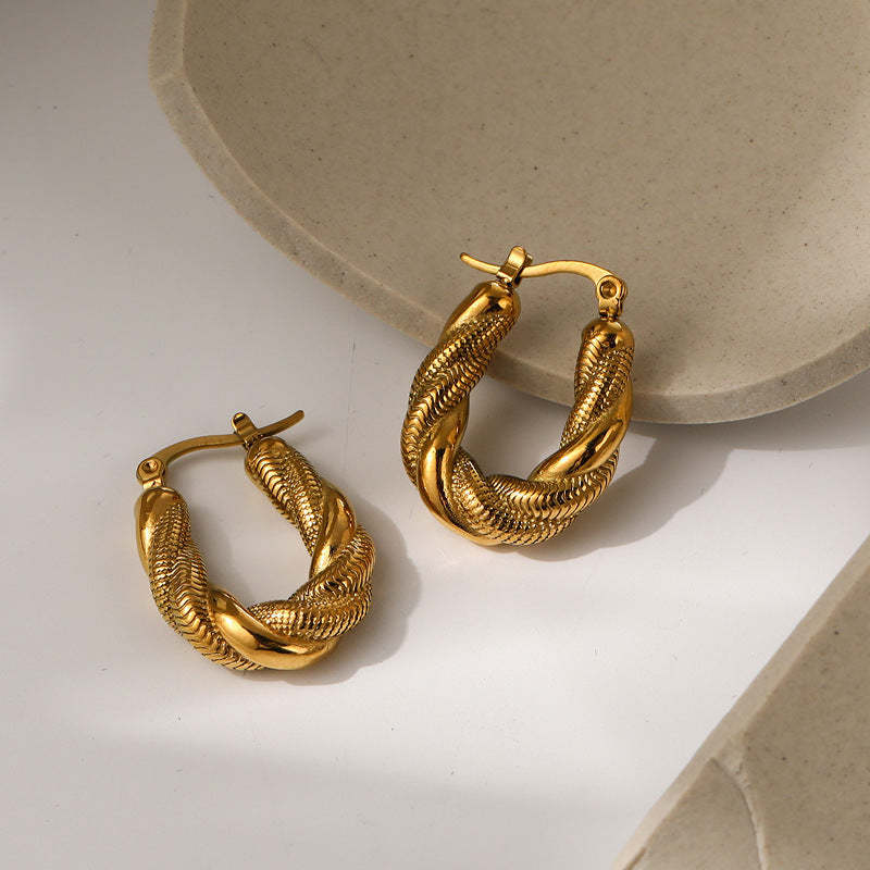 18K Gold Plated Twisted Wire Hoop U Shaped Huggies Chain Earrings